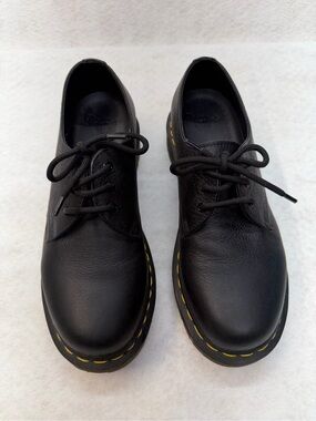 Dr. Martens Women’s Black Leather Derby Shoes with Yellow Stitching